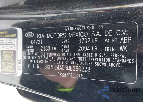 2021 Kia Forte Lxs из США, поврежденный, VIN 3KPF24AD5ME360228